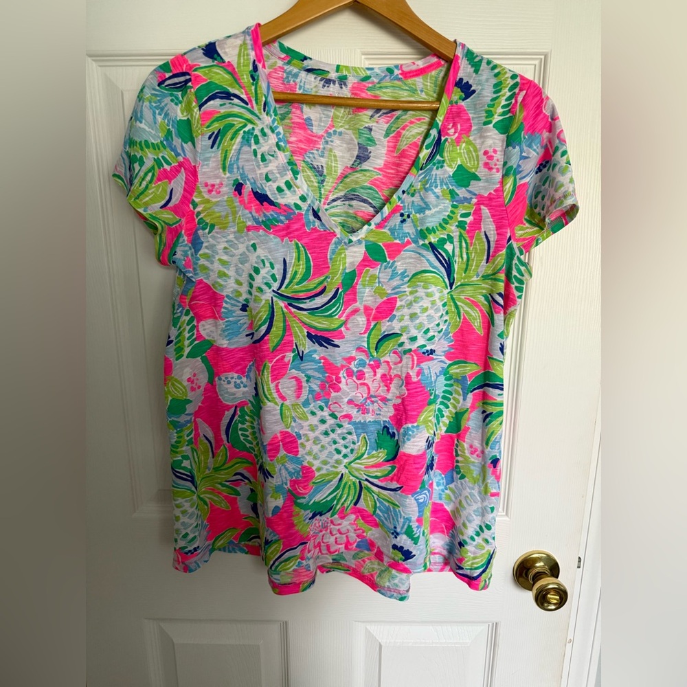 Lilly Pulitzer Pink and Green Floral Short Sleeve Top